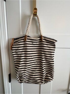 Summer & Rose Black & Cream Striped Canvas Tote Bag w/ Rope Handles & Zipper.